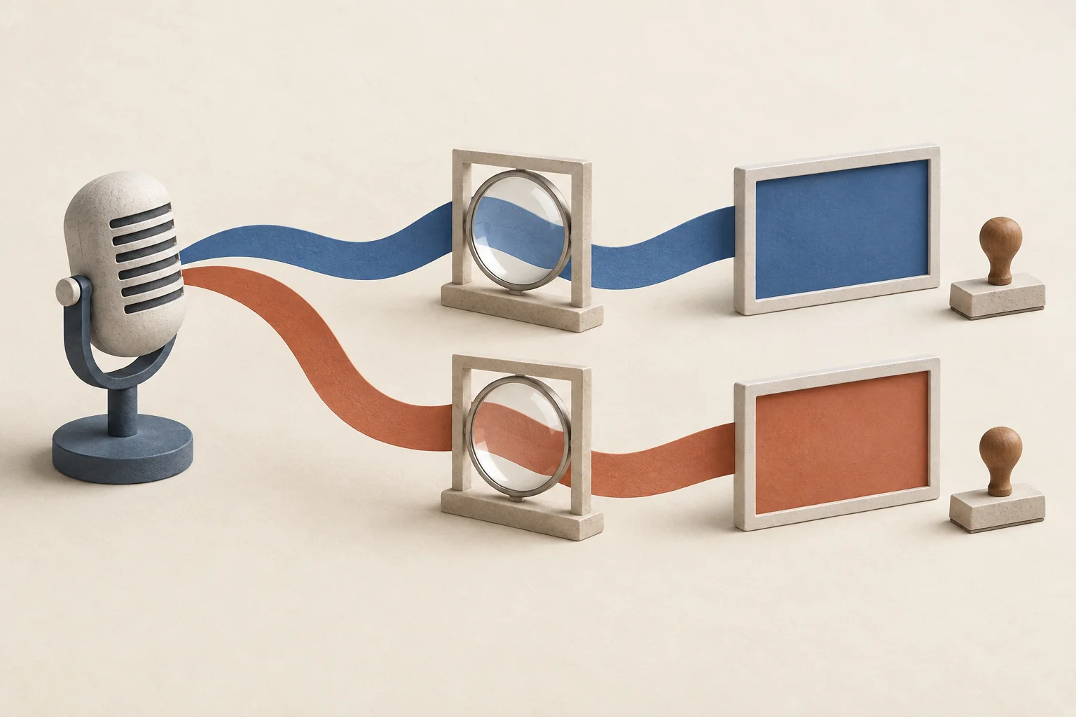 Two distinct speech ribbons pass through separate review frames before joining matched video frames.
