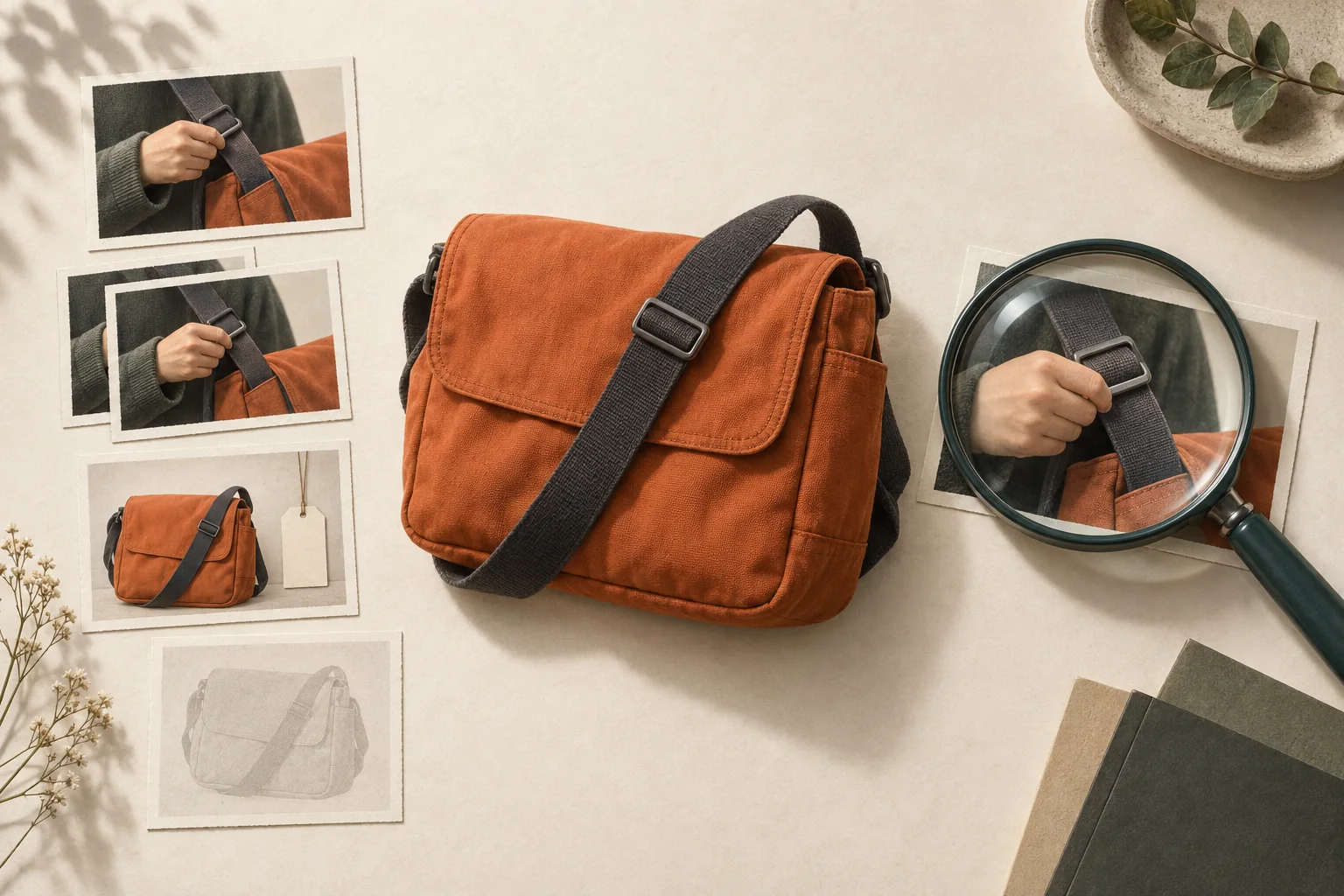 A magnifying lens separates an original product-use image from a duplicated image, a promotional tag, and an unresolved mention.