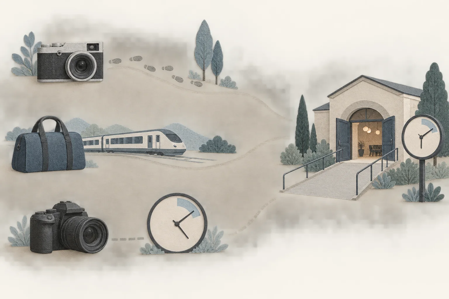 Illustrated paths from camera equipment and travel bags converge on an event venue with a ramp beside a clock.
