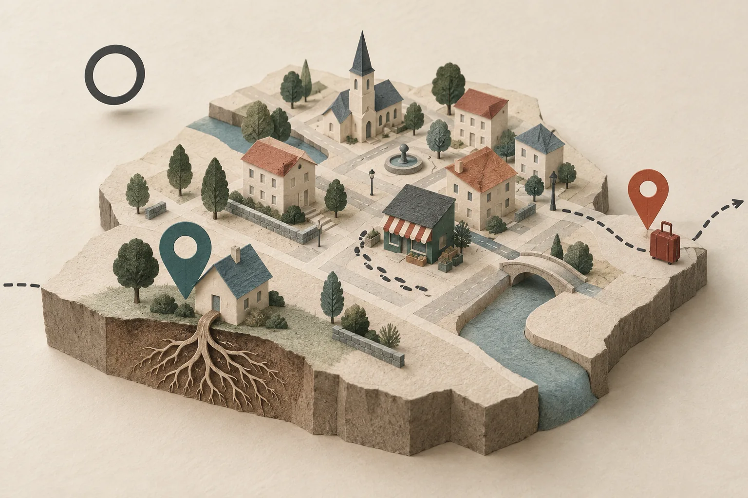 A miniature city with a rooted home, a suitcase on a visiting route, and an unassigned location marker.