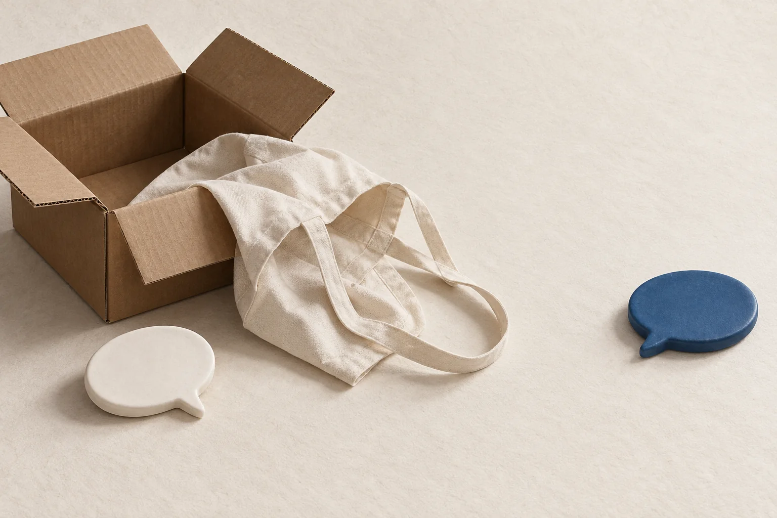An open shipping box beside two separate blank speech shapes, with a tote bag between them, showing delivery support and optional feedback.