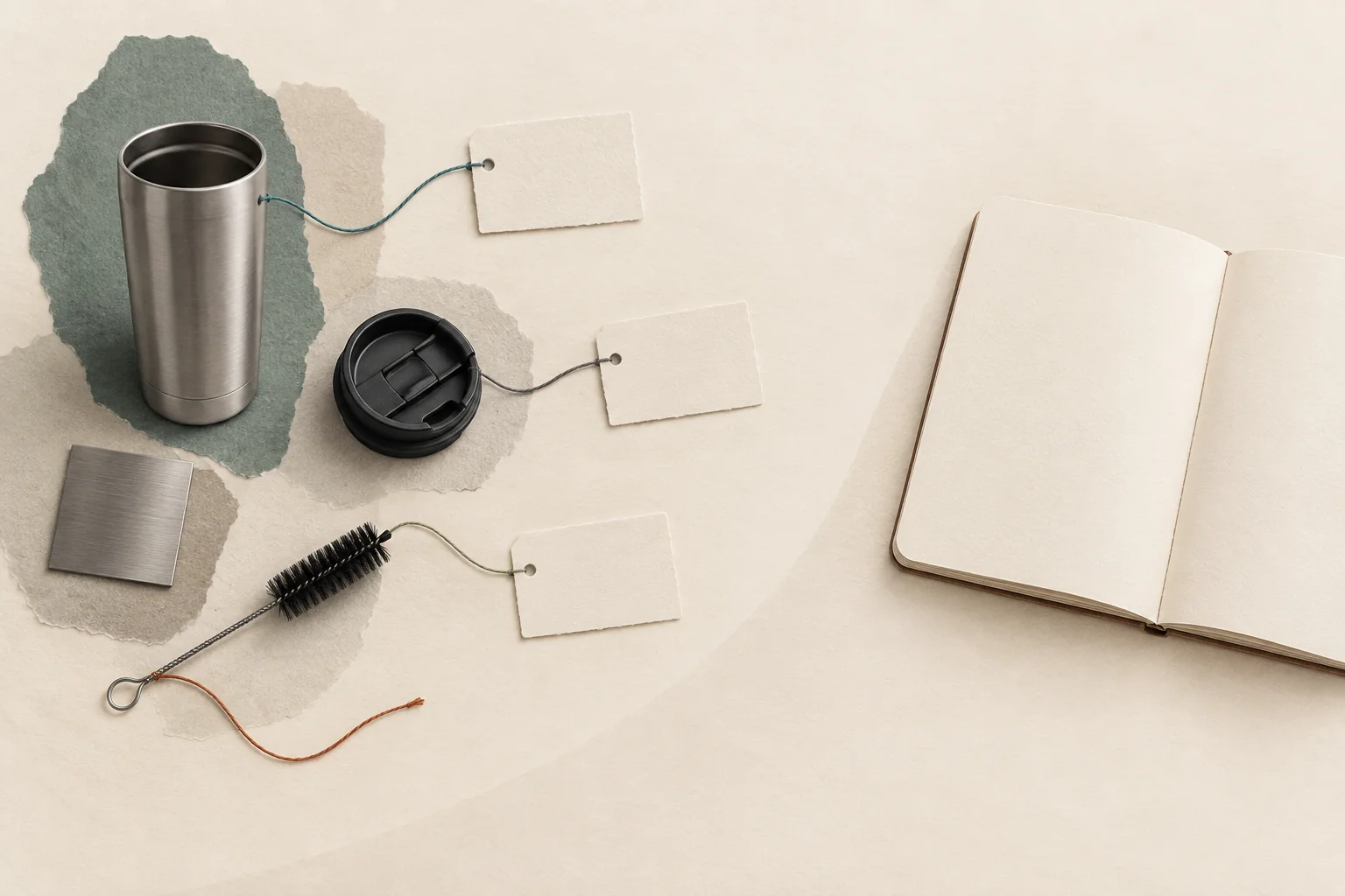 An unbranded travel mug beside material samples, a care brush, and linked evidence cards, with an open space for creator notes.