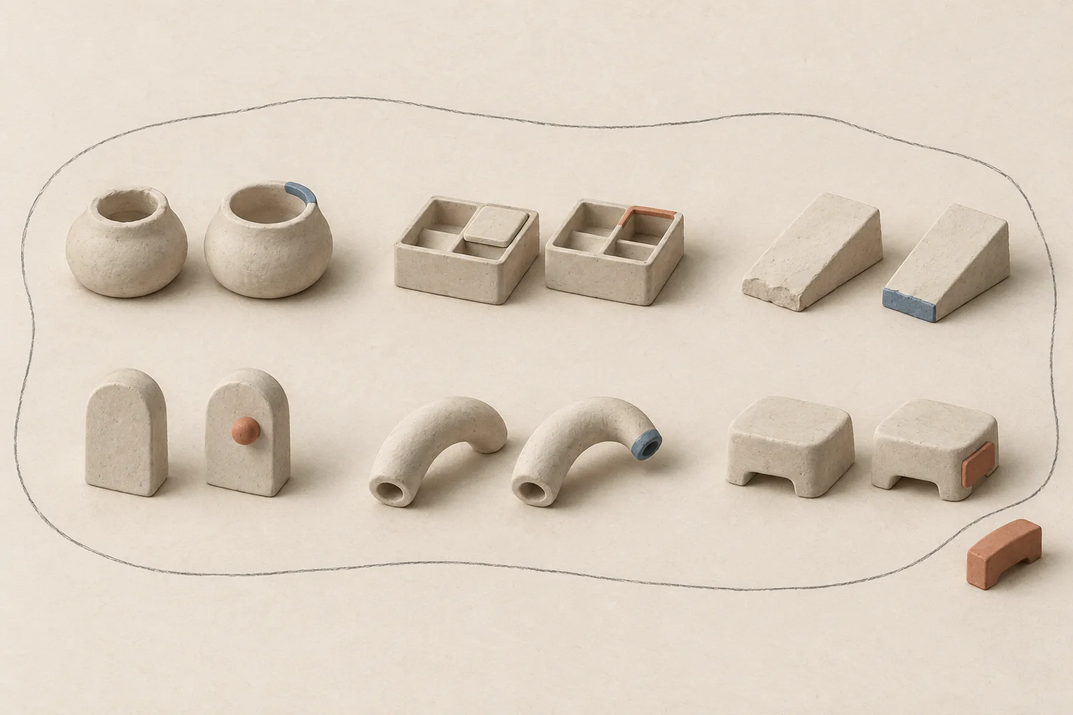 Six pairs of clay shapes show precise local adjustments, while an added piece sits outside the agreed boundary.