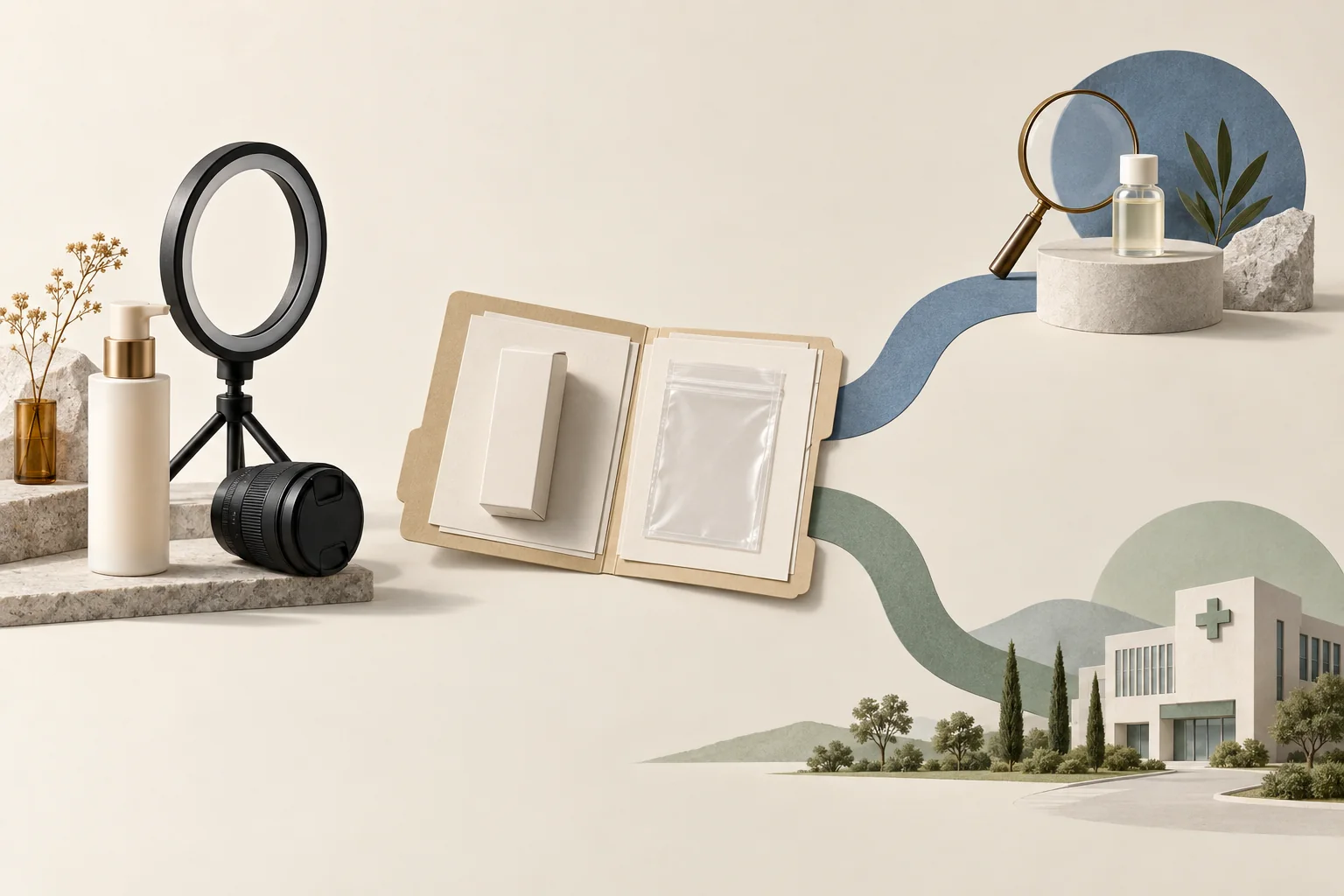 An unbranded cosmetic bottle beside a paused filming light, with separate routes toward a safety case folder and a medical building.