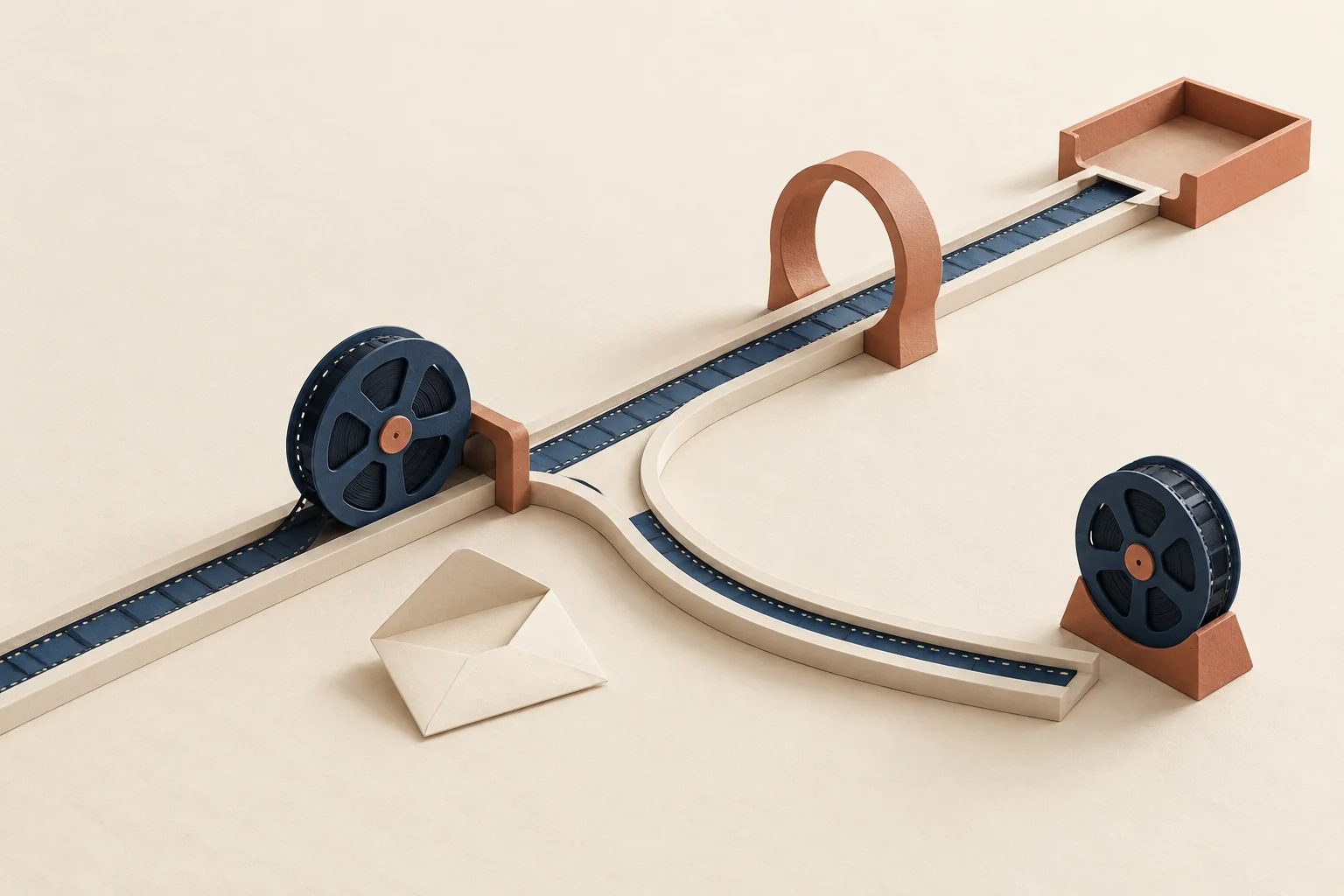 A delayed film reel at a fork, with one route passing a review station and another leading to a spare reel.