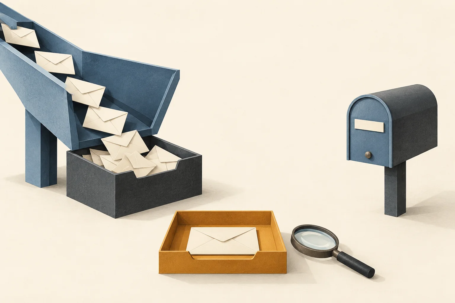 Envelopes enter one shared catch-all chute while an individual mailbox remains unconfirmed beside a review tray.