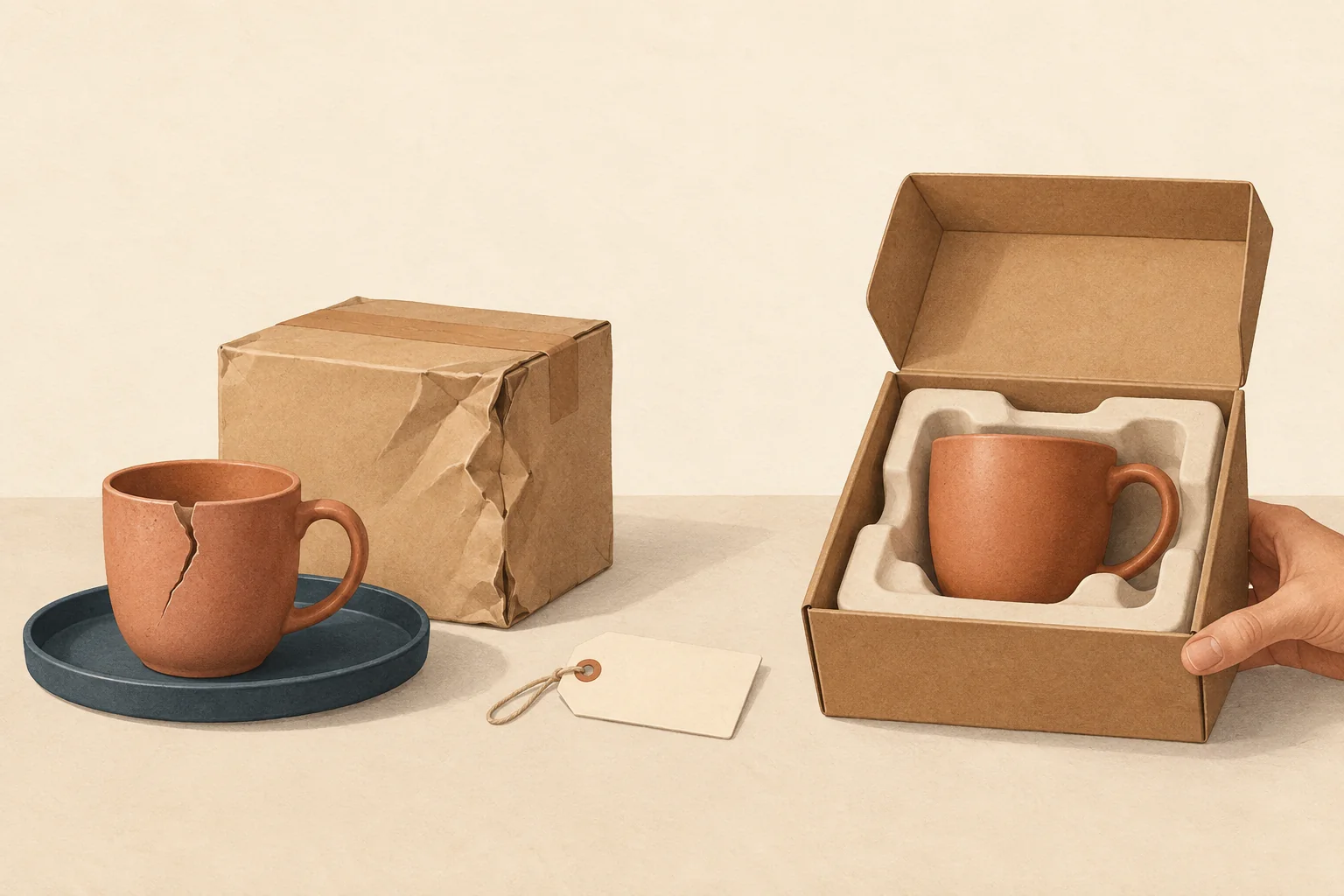 A cracked ceramic cup rests apart from an intact replacement cushioned in an open shipping box.