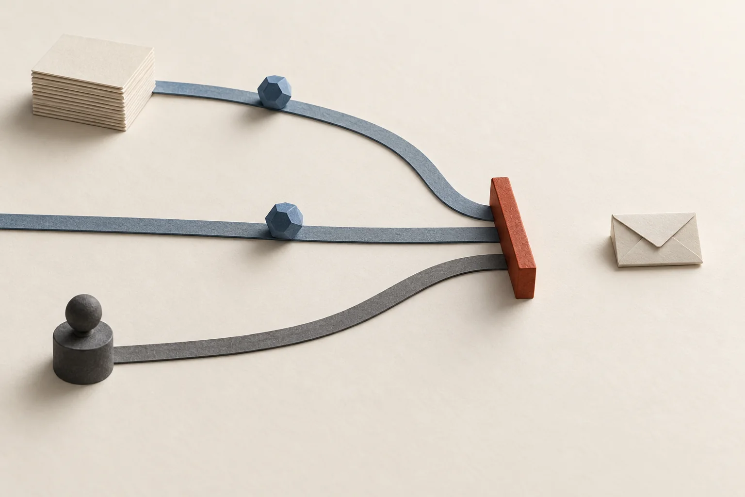 Several outreach paths converge at a shared stop barrier, including a returning contact token and a second sender route.