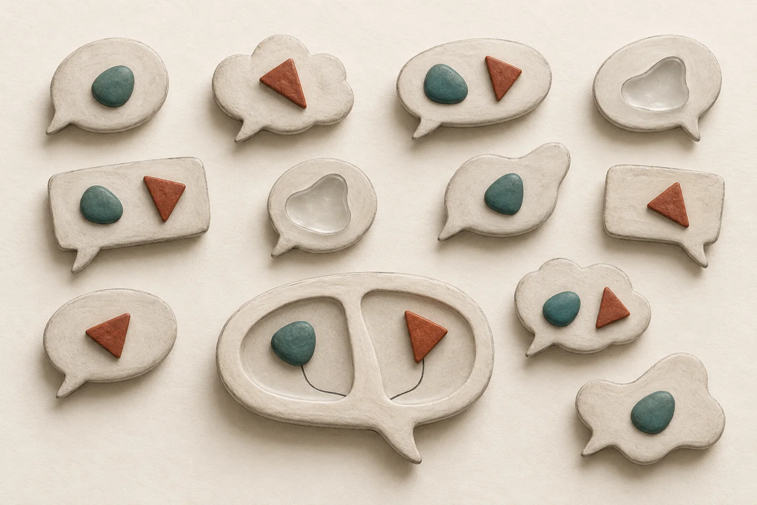 Twelve sculpted speech bubbles with separate colored inlays for praise, criticism and unresolved meaning.