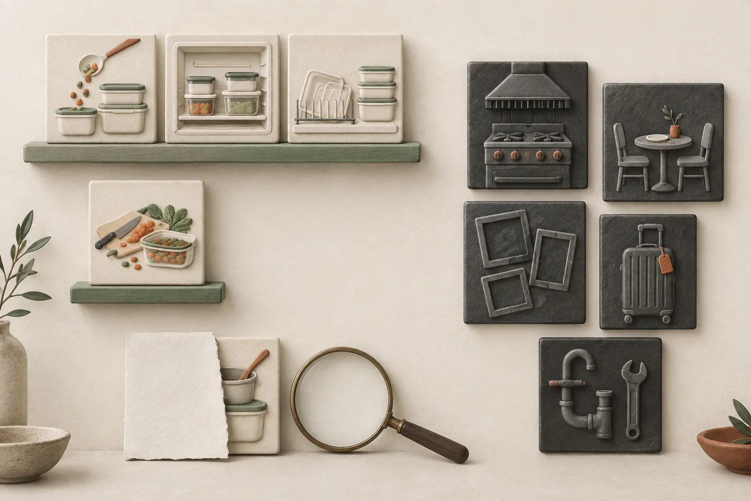 Ten distinct kitchen-themed tiles sorted into three selected pieces, one reserve, one waiting piece, and five rejected pieces.