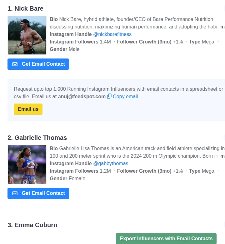 Screenshot of the top of Feedspot's Top 100 Running Influencers list. Number 1 is Nick Bare with 1.4M Instagram followers, type Mega, and number 2 is Gabrielle Thomas with 1.2M, type Mega, each with a Get Email Contact button.
