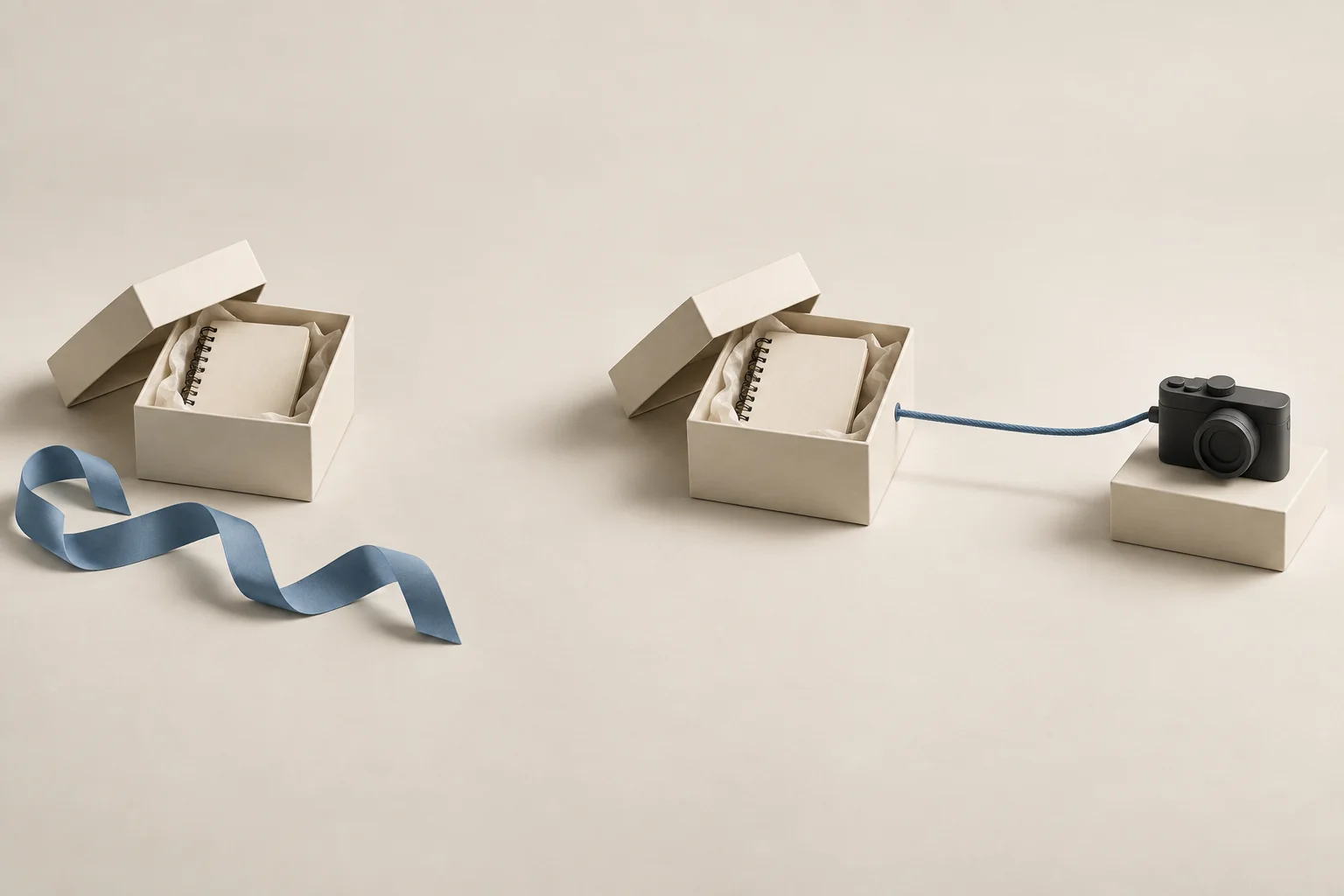 An unconnected gift box beside a second product box linked to a camera by a cord, showing optional sharing versus an agreed content exchange.