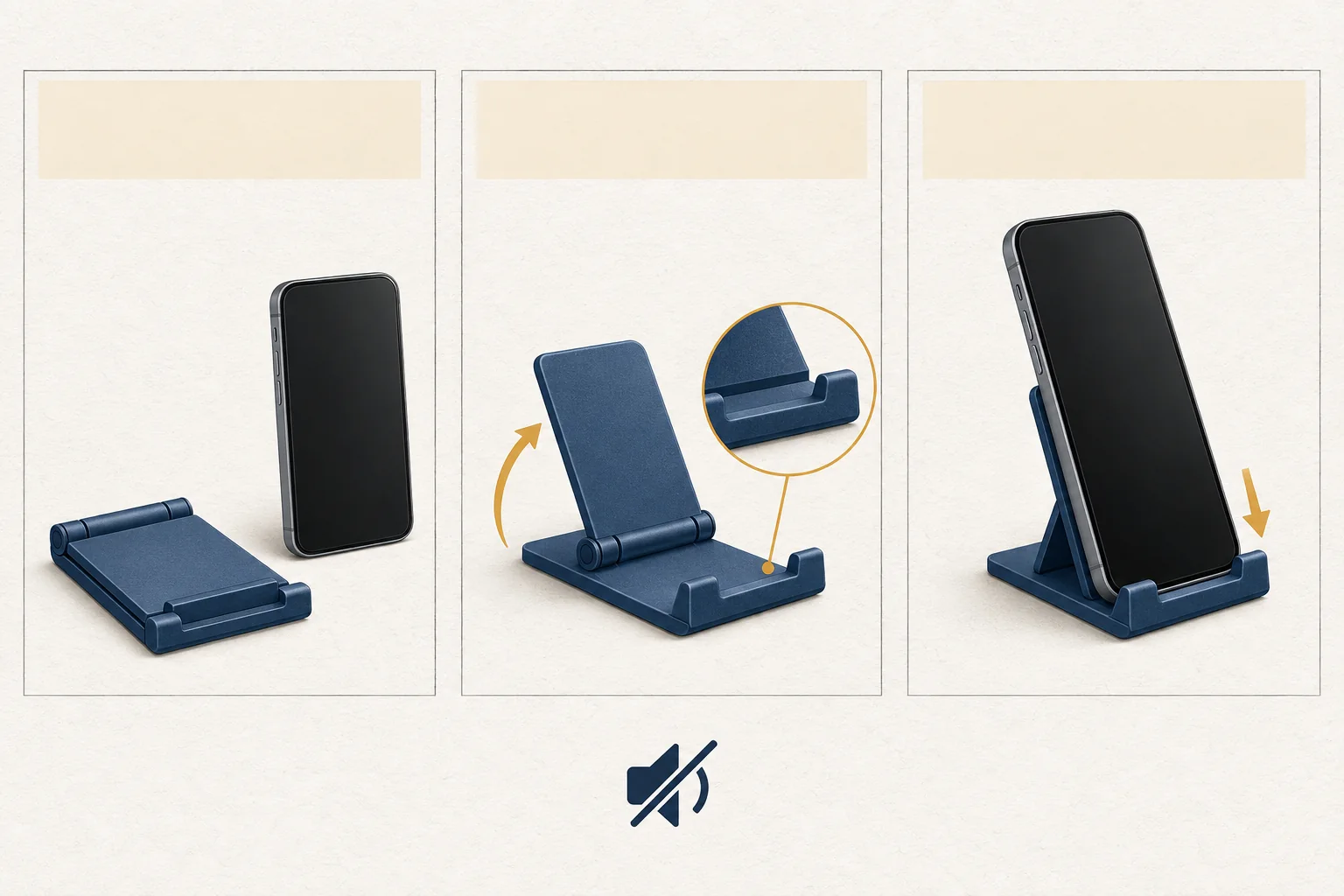 Three illustrated frames show a folding phone stand opening, its support slot in close-up, and a phone resting on it, with reserved caption bands.