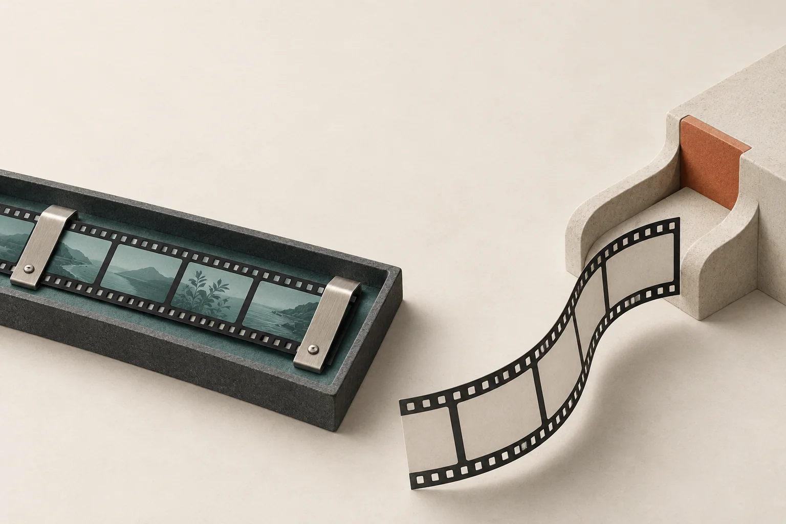 An unfinished film strip set aside in a protective tray while a separate strip continues toward a new production slot.