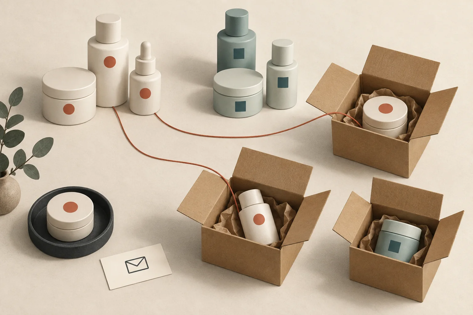 Two cosmetic batches connect to separate shipping parcels, with one batch set aside beside a contact card.