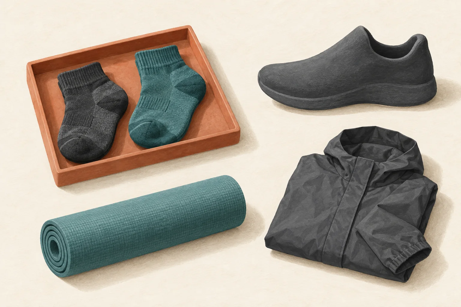 A narrow divider encloses running socks while a shoe, yoga mat and jacket remain outside the restricted area.