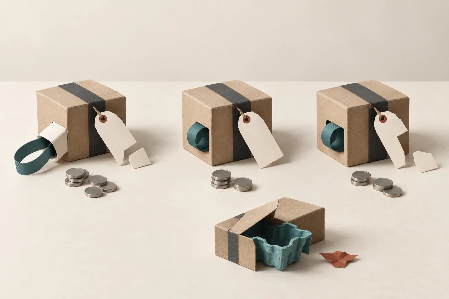 Three parcel assemblies with removable price-tag pieces, shipping loops and separate creator-payment tokens compare the costs of different offers.