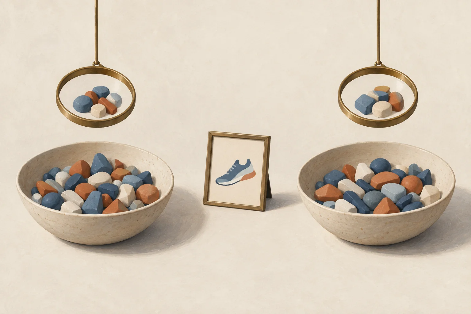 Two separate bowls of mixed tokens pass through matching sampling rings beside an unmarked campaign image, illustrating comparable awareness surveys.
