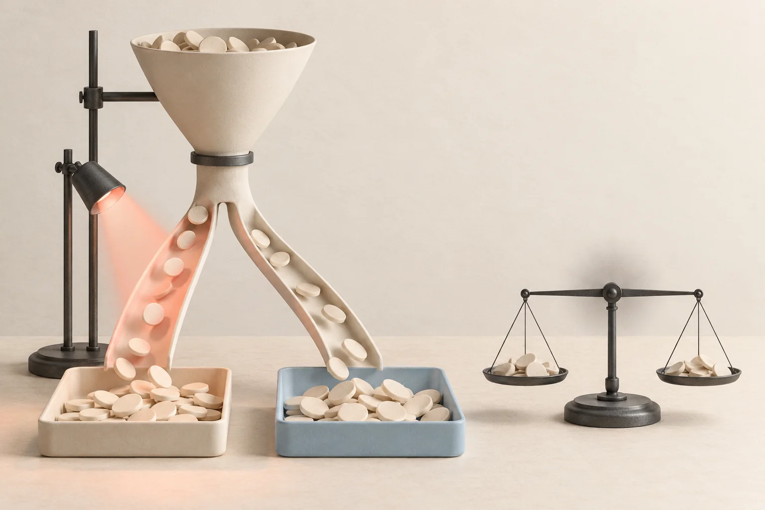 Two separated trays of purchase tokens beneath a split delivery funnel, with a balance resting near level between them.