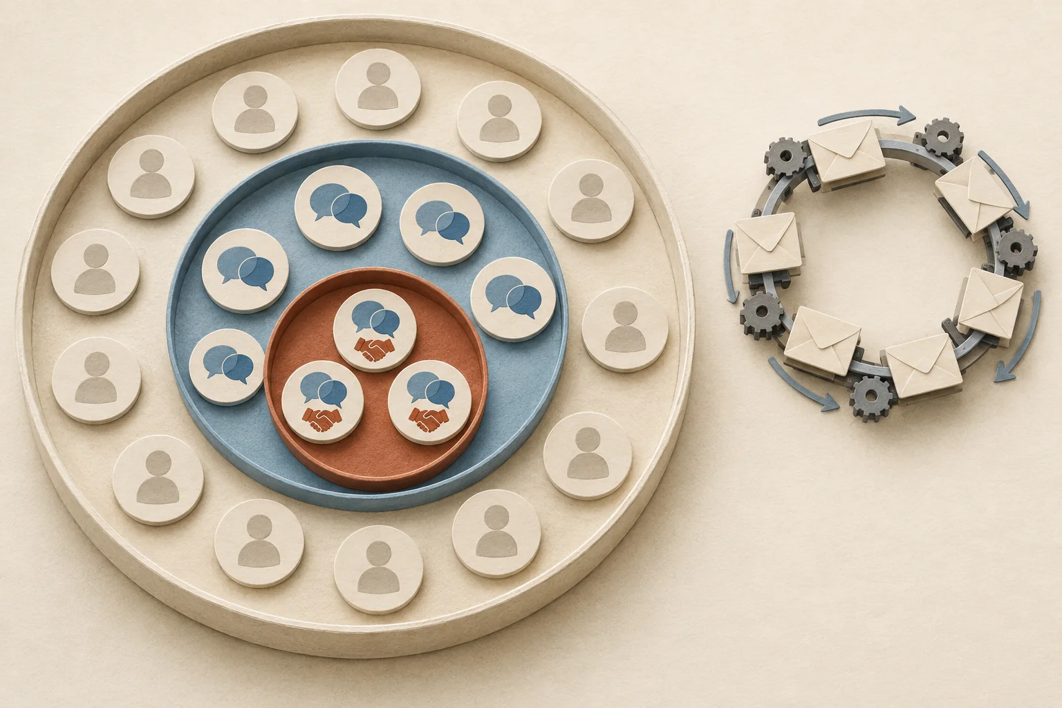 An editorial illustration separates looping automatic envelopes from individual human reply tokens inside a larger group of contacted creators.
