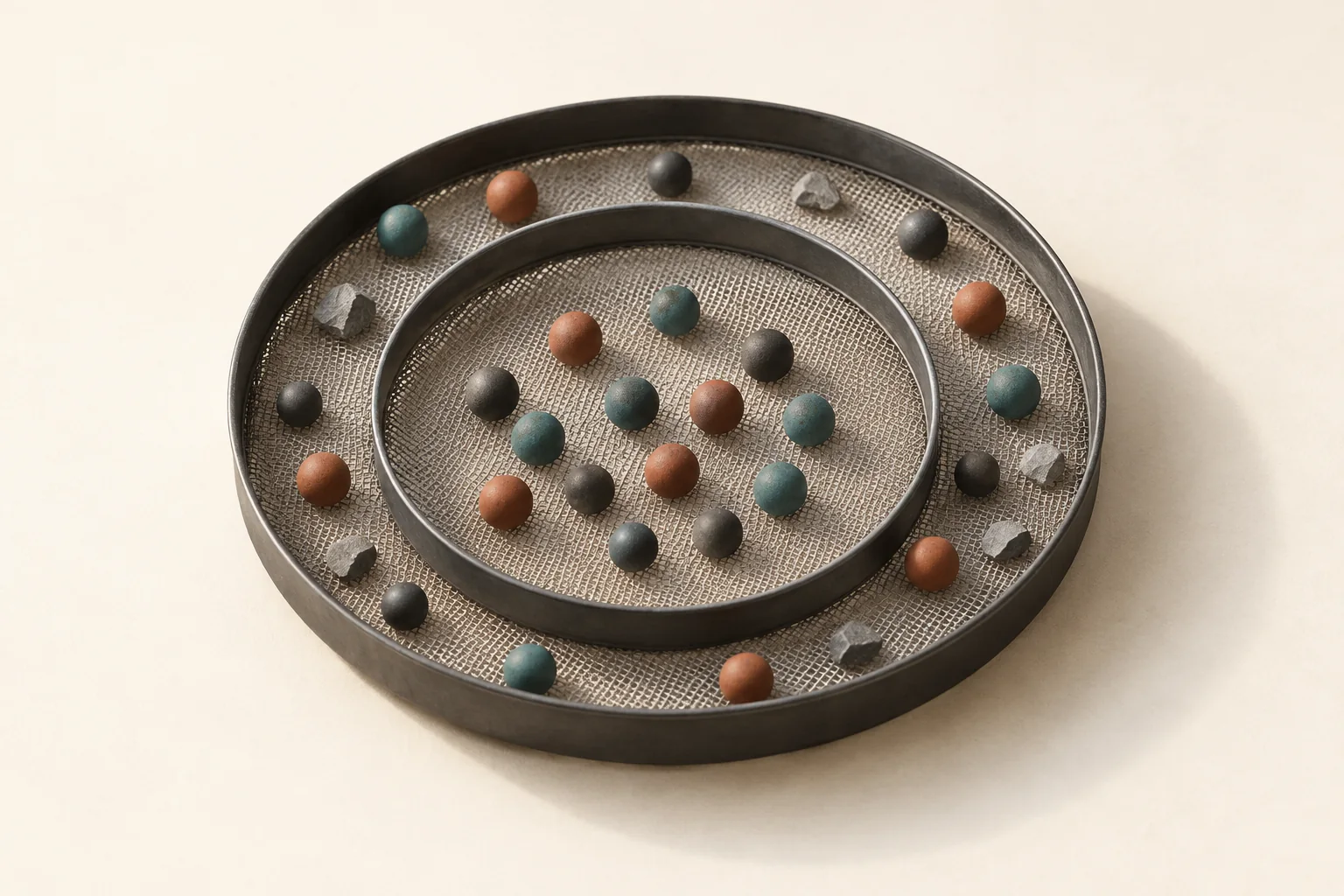 A wide sieve and a finer inset sieve sort colored tokens, with some matching tokens caught outside the finer sieve.