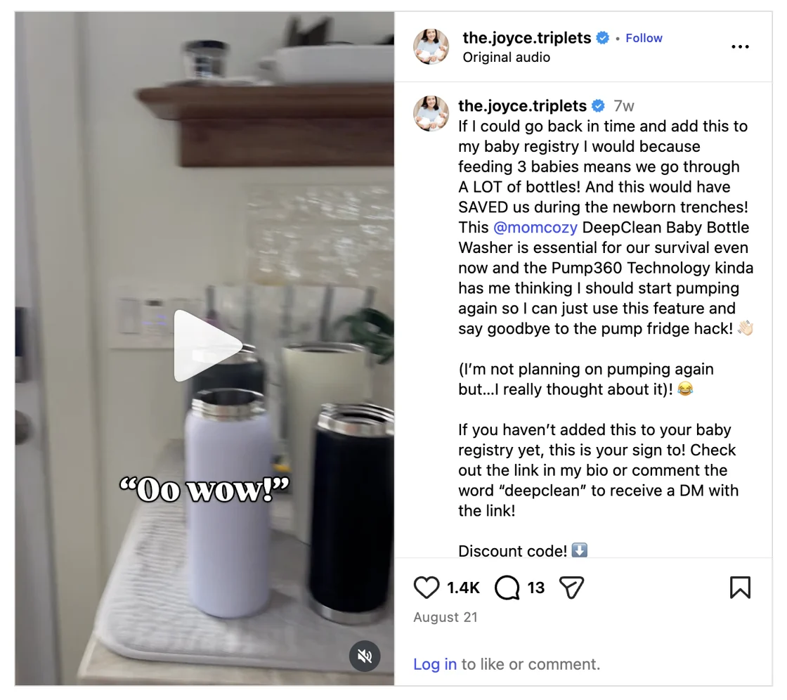 Screenshot of an Instagram Reel by the.joyce.triplets from August 21, 2026, about the Momcozy DeepClean baby bottle washer, with 1.4K likes and 13 comments.