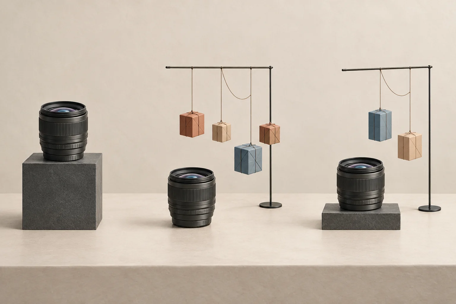 Three sculptural arrangements show fixed creator pay, sales-dependent pay and a combination of both.