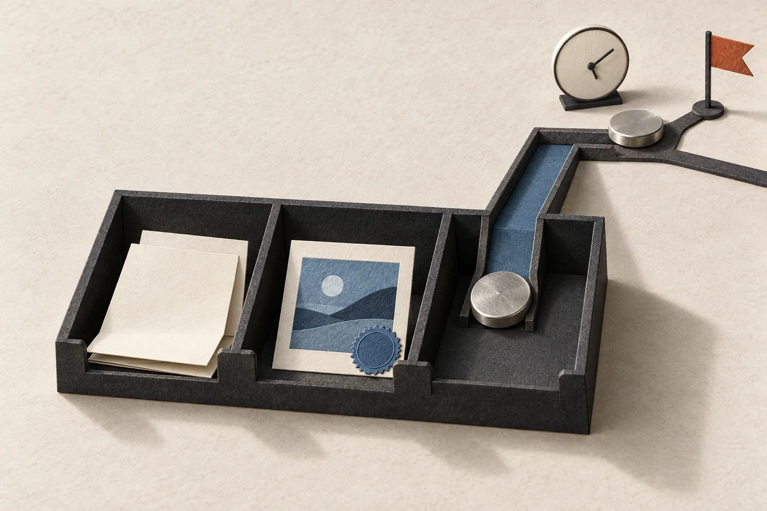 Three separate payment trays hold an invoice, an accepted video frame and a transfer token, with one token waiting beside a clock.
