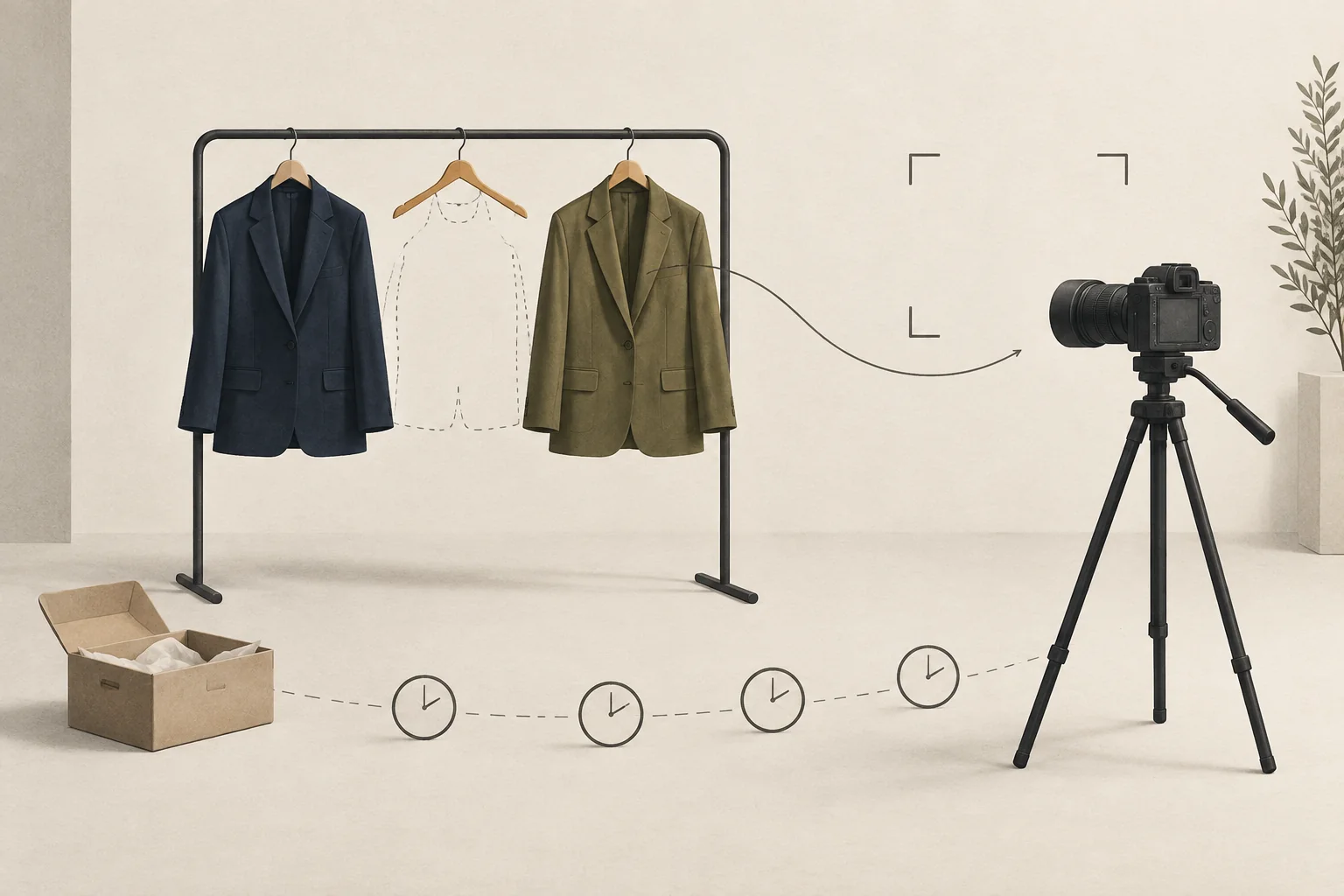 A filming frame faces navy and olive jackets on a rack, with a spare hanger and timed inspection markers.