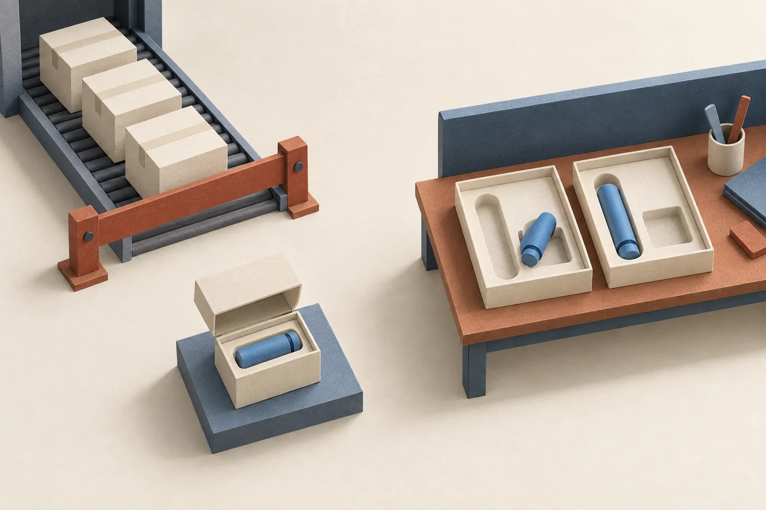 A closed dispatch barrier holds parcels while a separate workbench checks and repairs a mismatched kit.