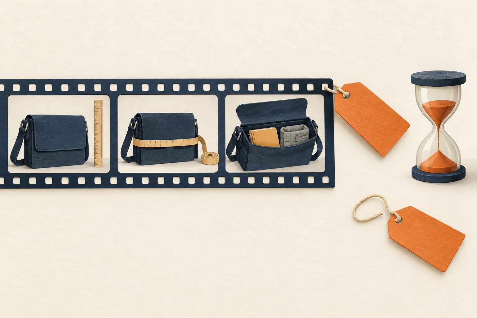 A fixed product-demonstration filmstrip beside detachable offer tags and an hourglass, separating lasting guidance from expiring terms.