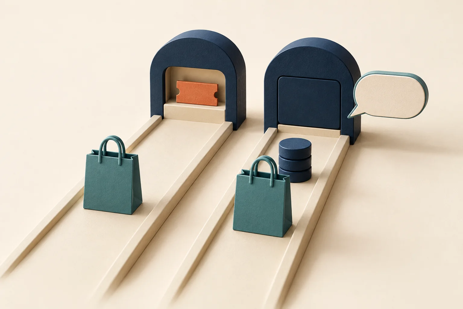 New and previously used shopping bags pass through separate offer gates, beside a support speech bubble.