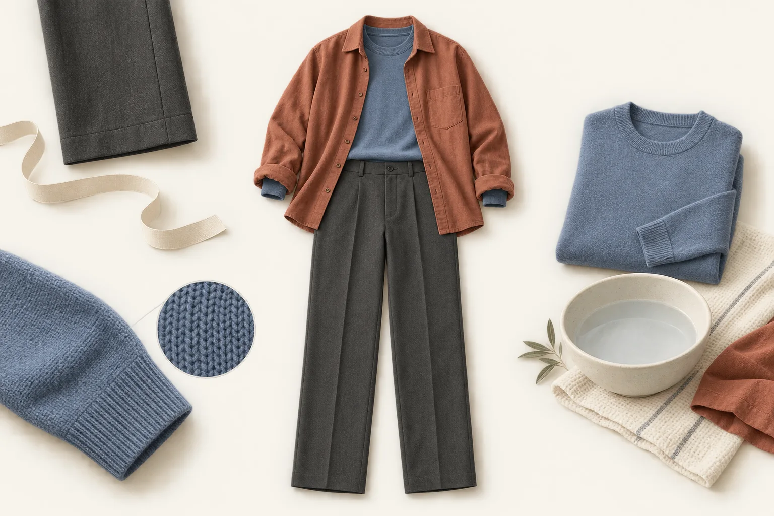 Three capsule garments arranged beside a fit-measuring ribbon, a fabric close-up and a folded care demonstration.