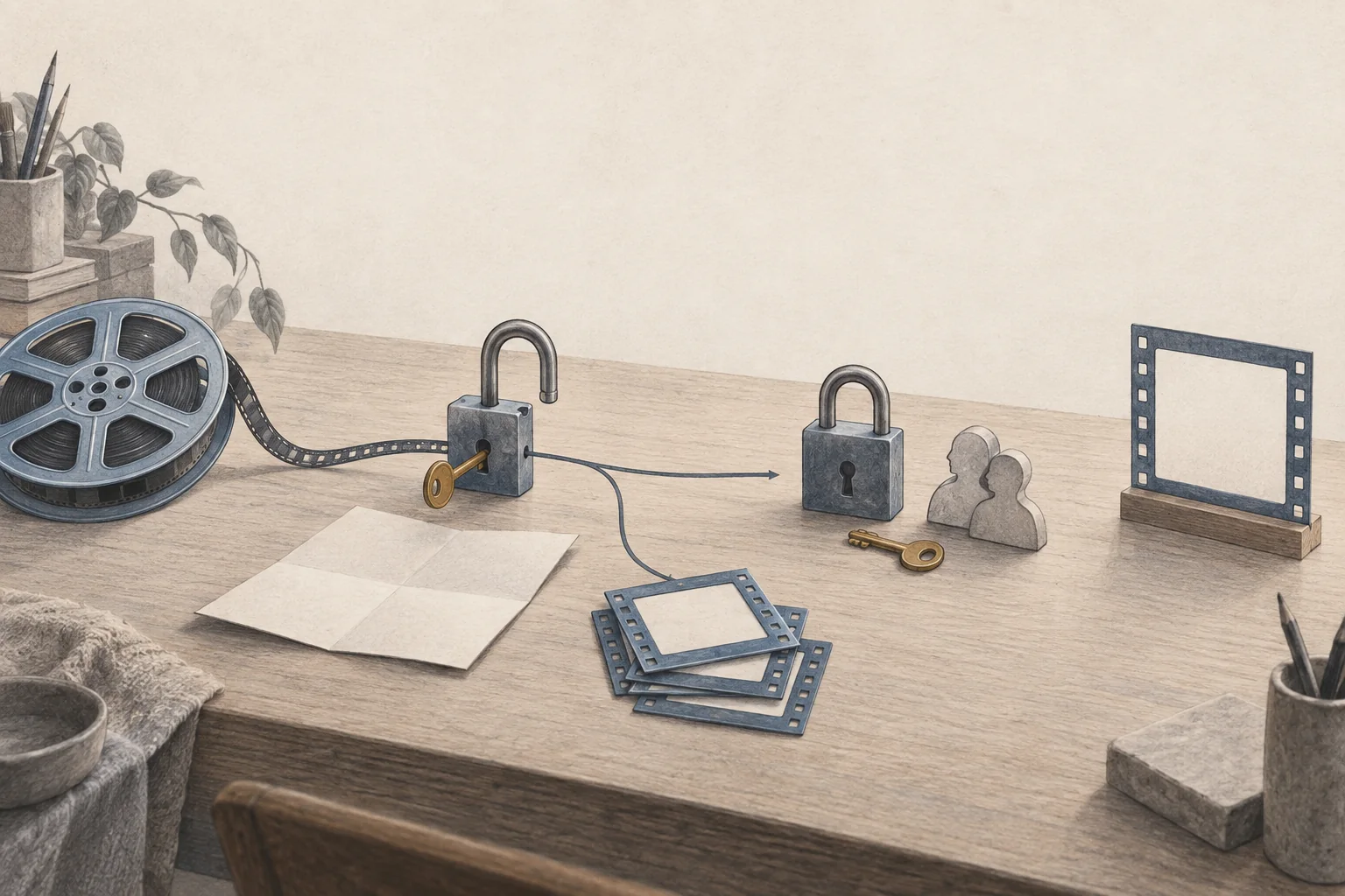 Two separate authorization keys beside a film reel, with one route open and another paused before an advertising frame.