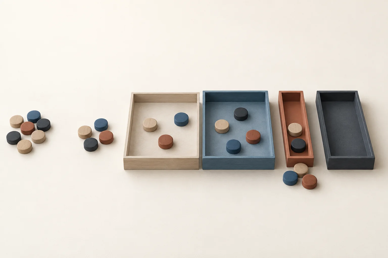 Two small groups of wooden tokens wait beside separate sorting spaces, with the narrow approval space limiting how many can move forward.