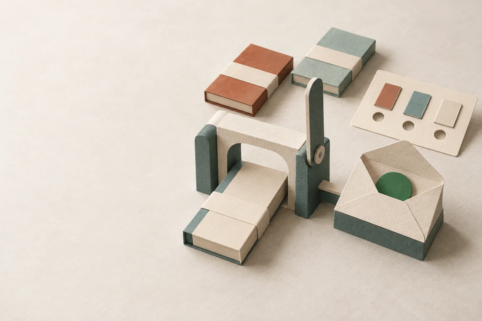 A reply envelope opens a gate for one gift box while other parcels wait beside a product-selection card.