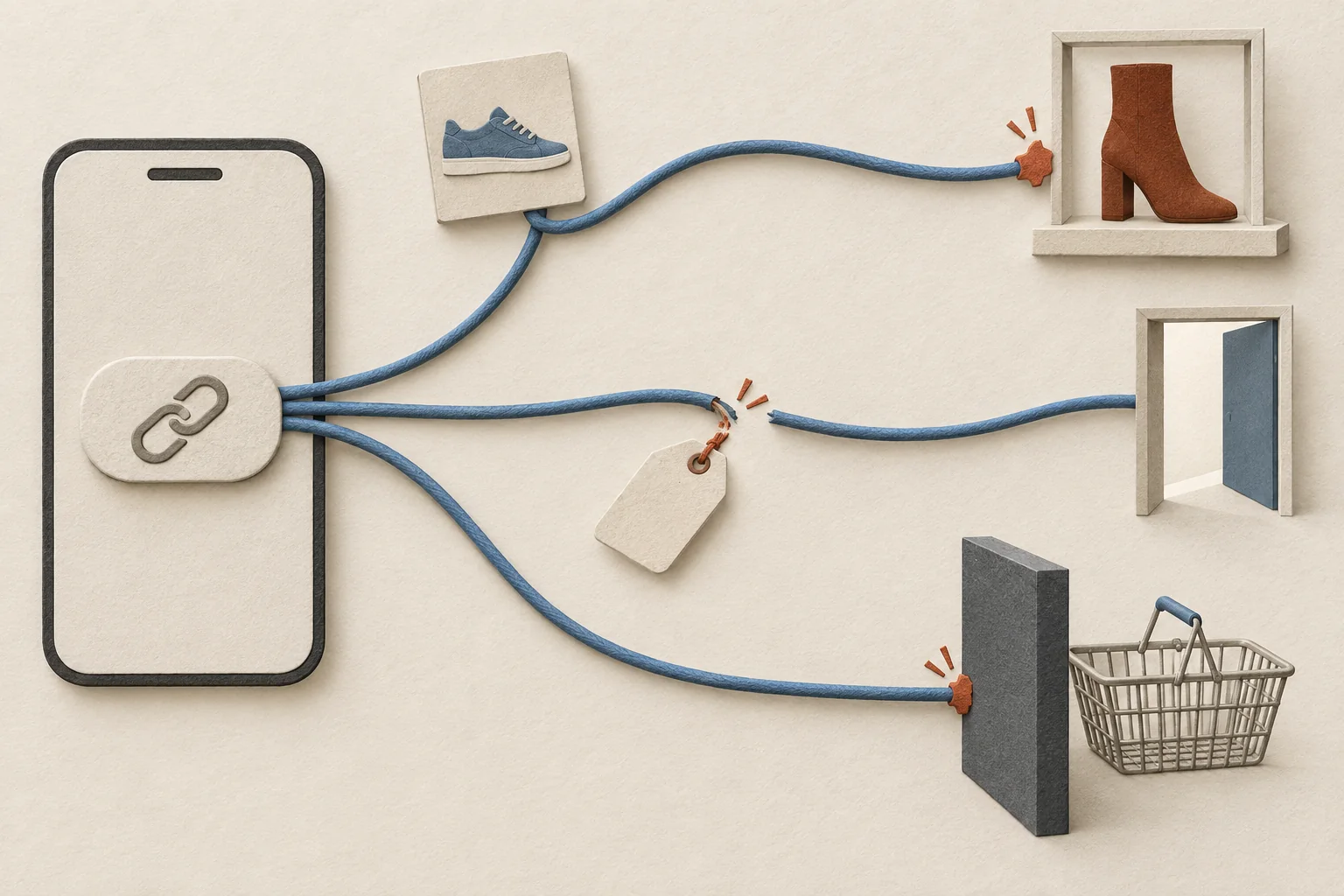 A phone link branches into three paths, with a wrong destination, a detached tracking tag, and a blocked shopping basket.