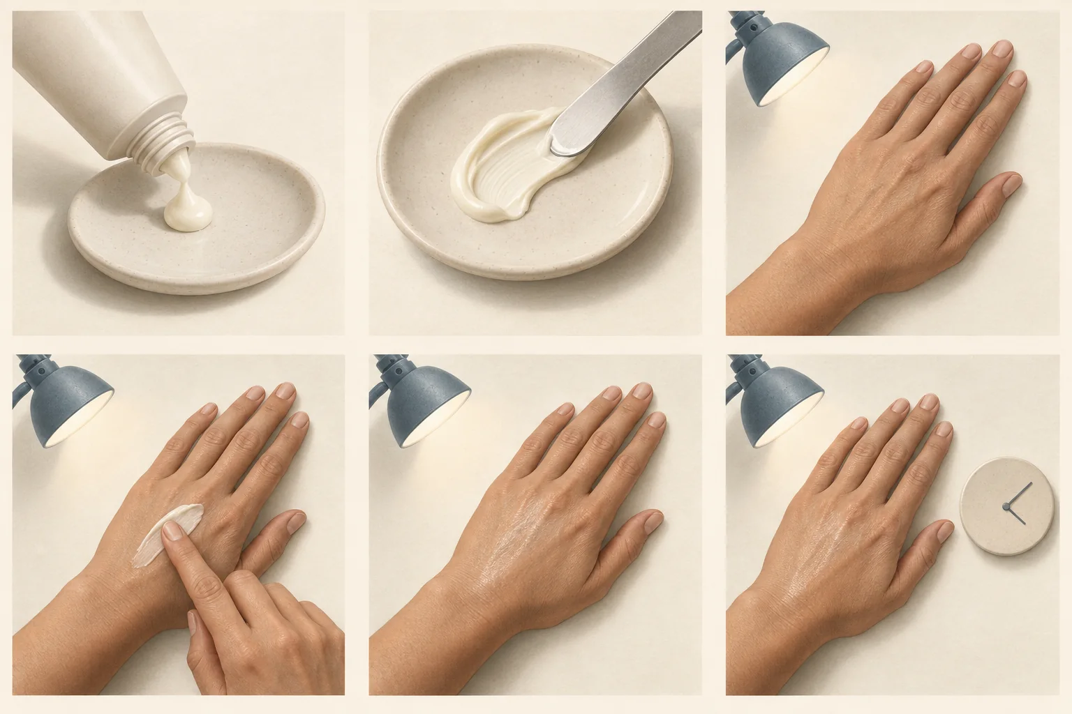 Six illustrated views follow a cream sample from dispensing through application to a later observation under a fixed light.