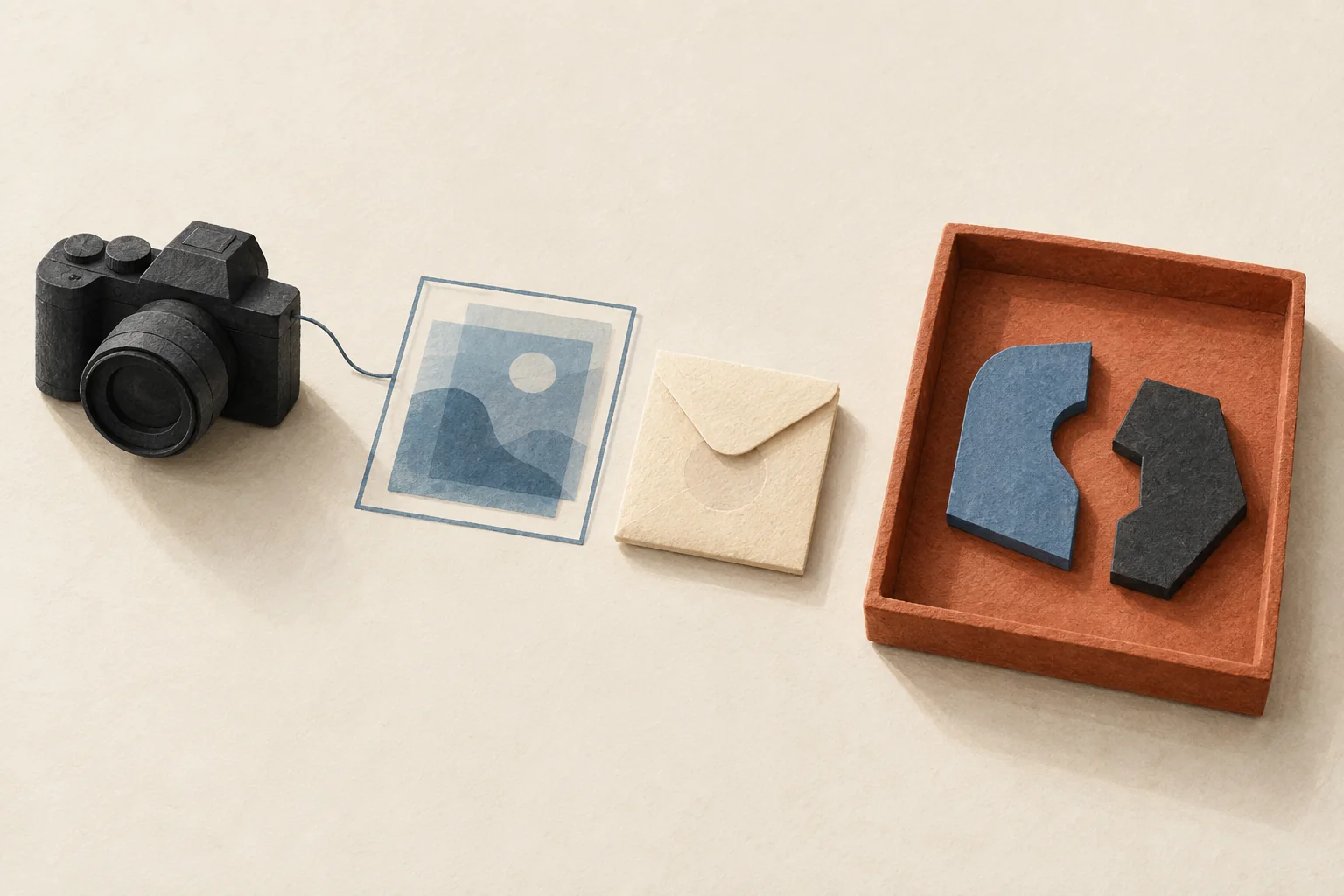 Separate production, content-use and payment objects arranged beside an open tray of unresolved decisions.