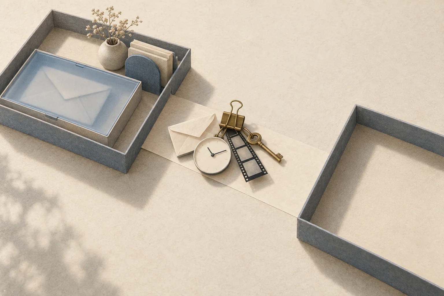A brass clip carries a compact set of work objects between two trays while a sealed personal envelope stays behind.