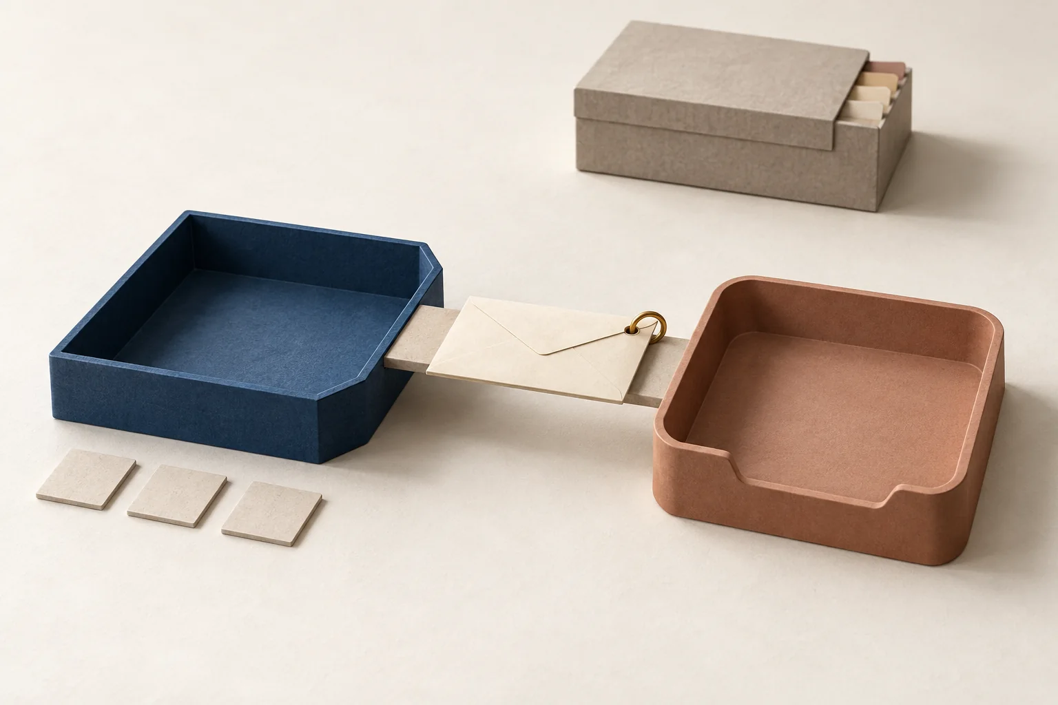 One envelope moves between two distinct work trays, with a single ownership token and a separate archive of relationship records.