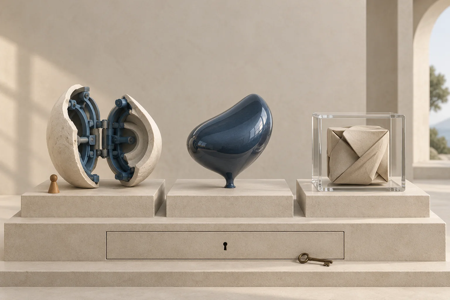 Three distinct objects on separate display plinths, with one selected and a sealed compartment below for private terms.