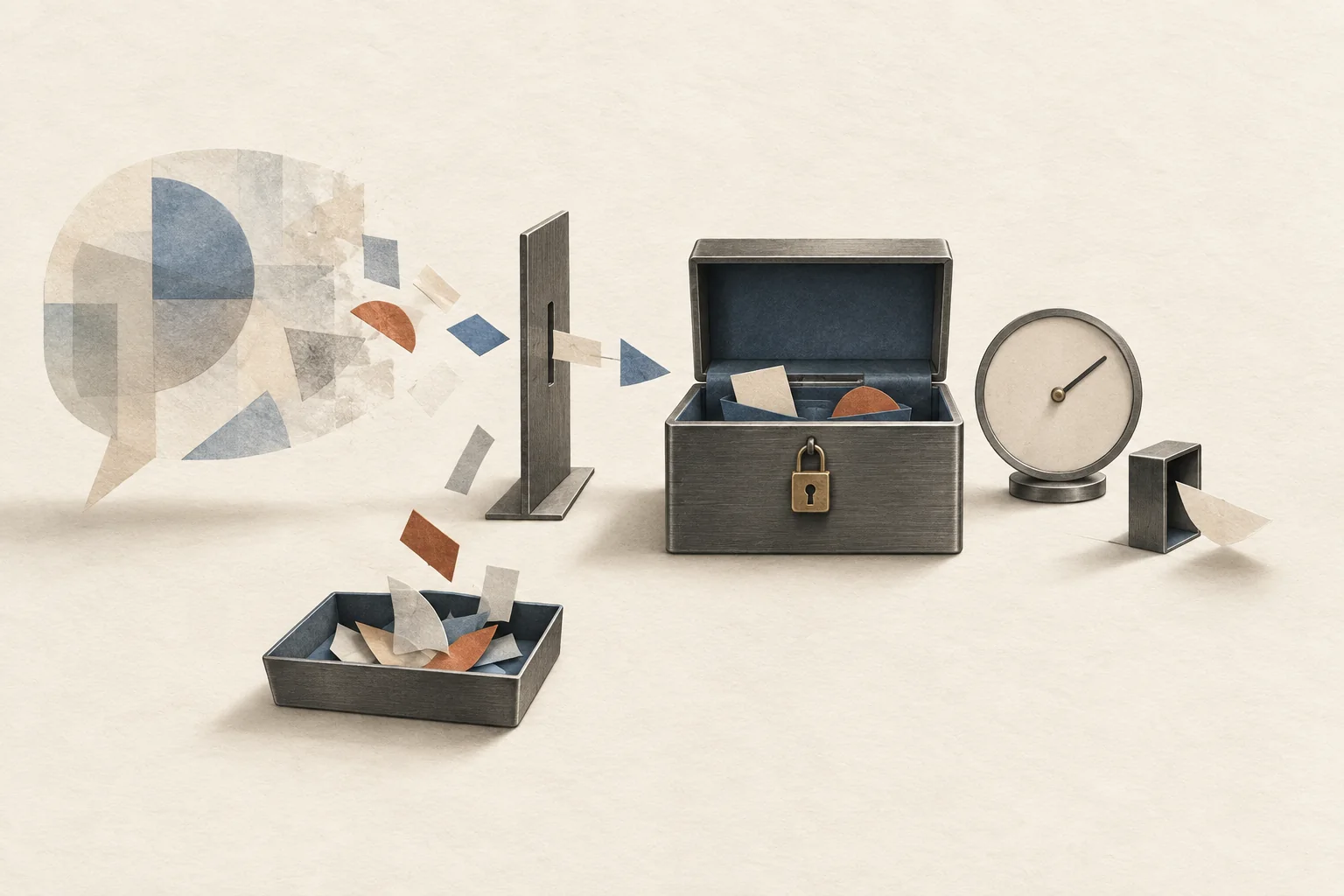 A fading conversation tile beside a small locked archive, with selected fragments retained and excess pieces removed.