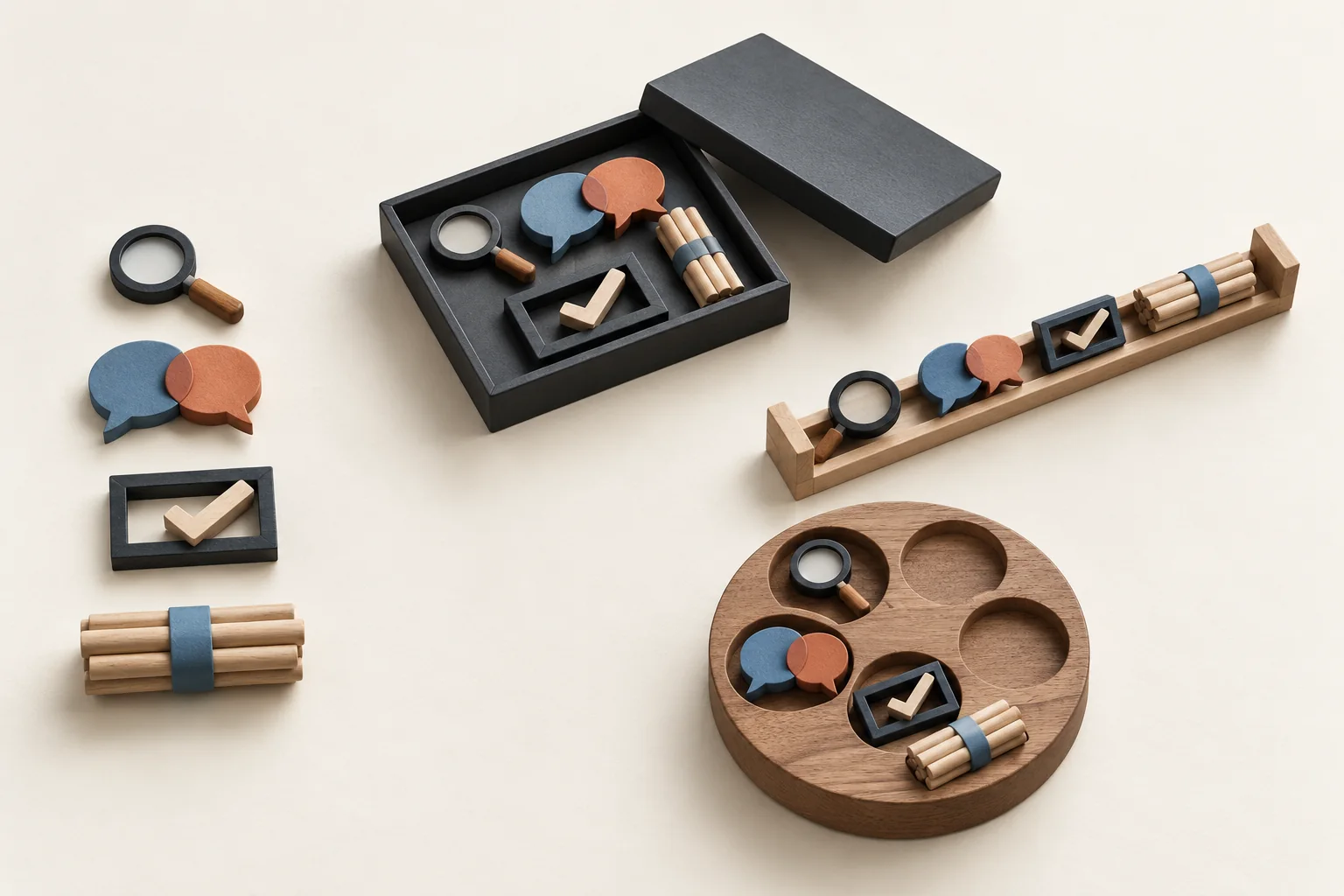 Four kinds of work tokens sorted into a fixed tray, an hourly counting rail and a recurring circular holder.