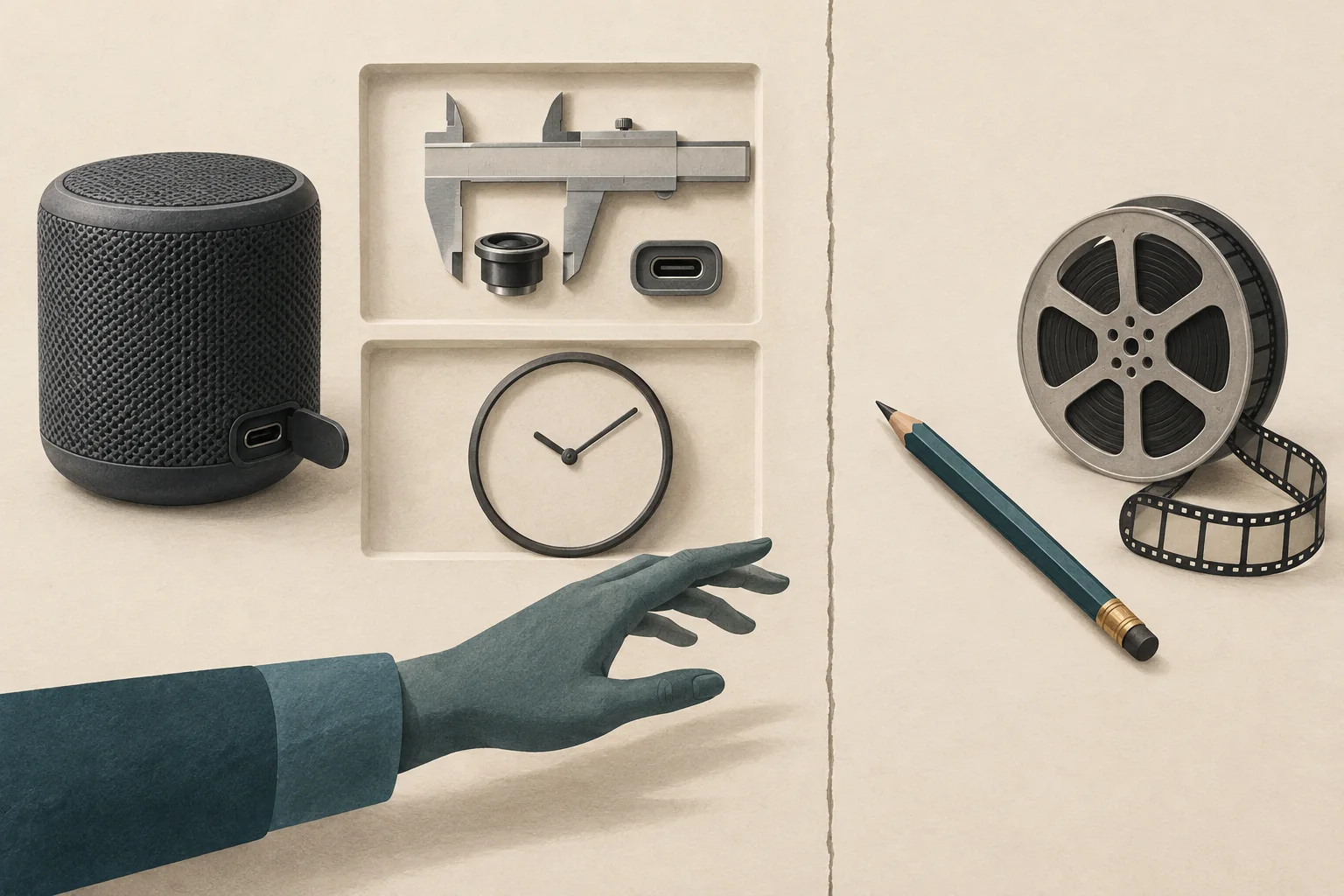 A review speaker beside separate testing tools and a clock, with an editing pencil beyond a clear boundary.