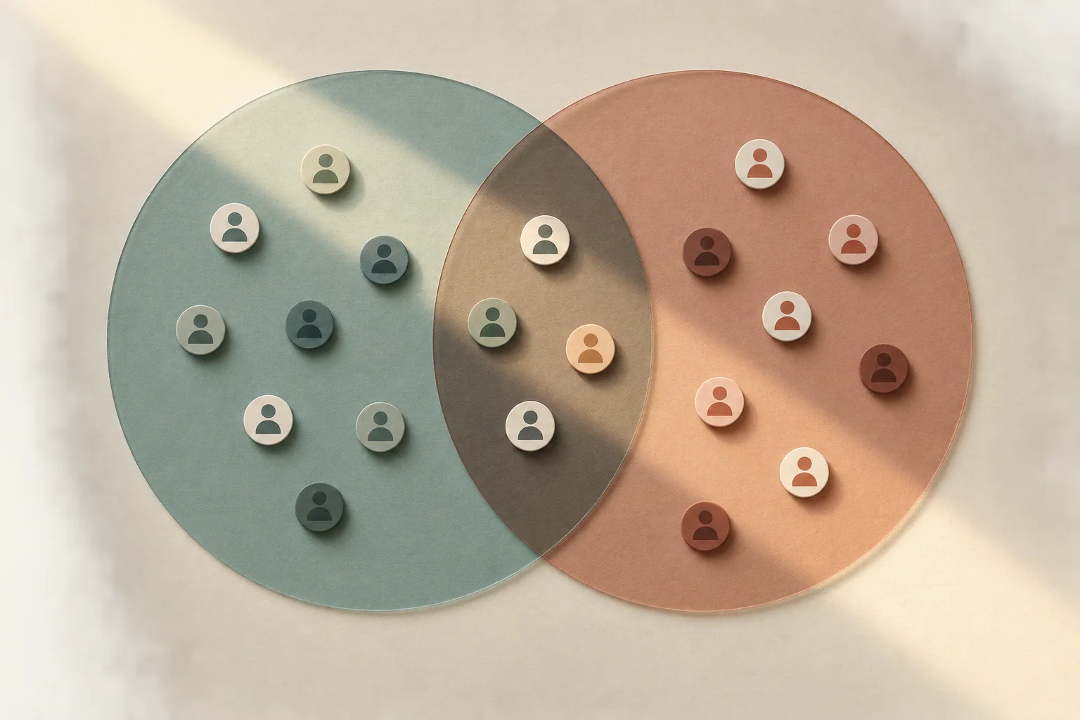 Two overlapping translucent circles contain shared account tokens, while a separate spotlight reaches only part of each group.