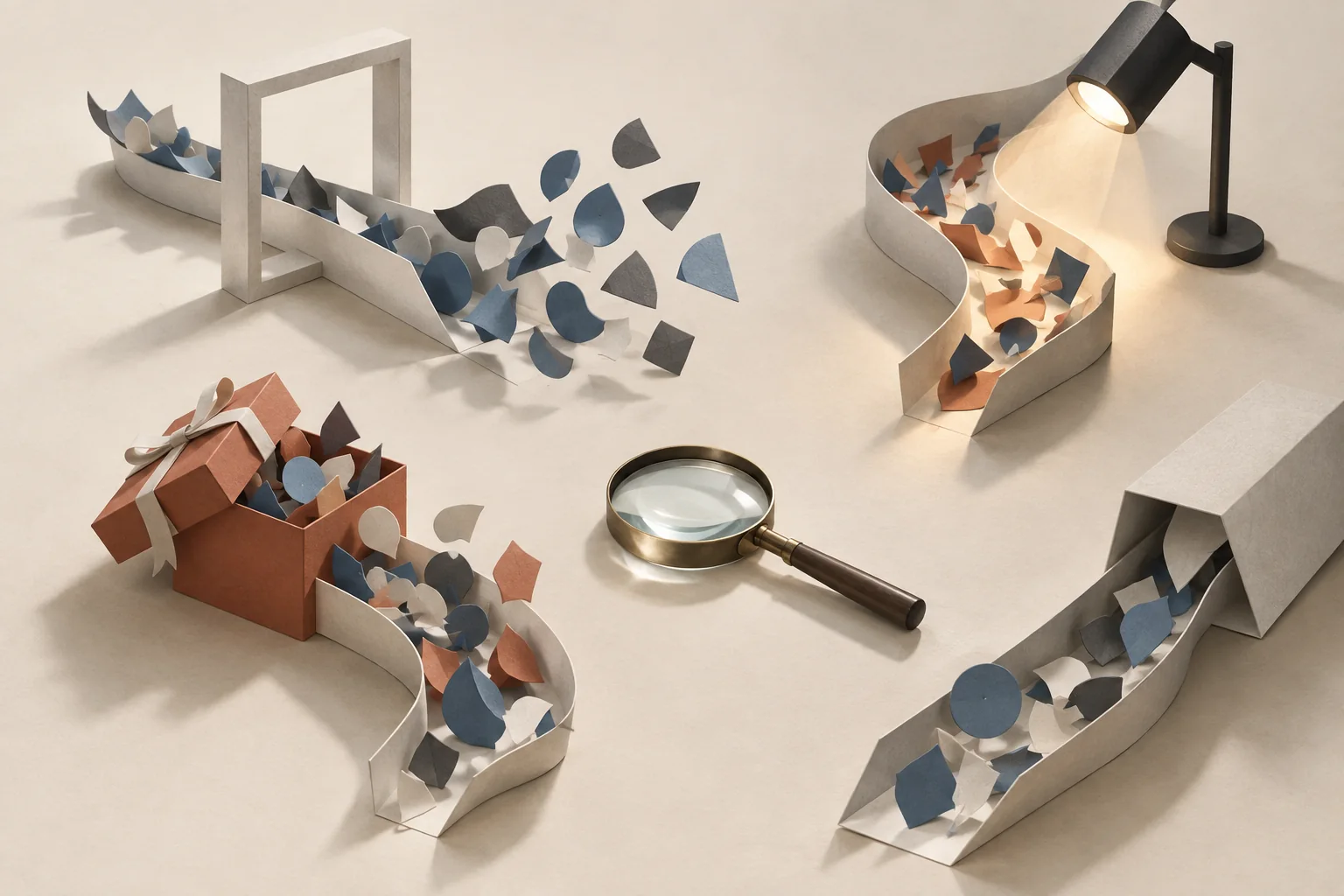 Four separate streams of small shapes enter through a video frame, a spotlight, a gift box and a concealed chute.