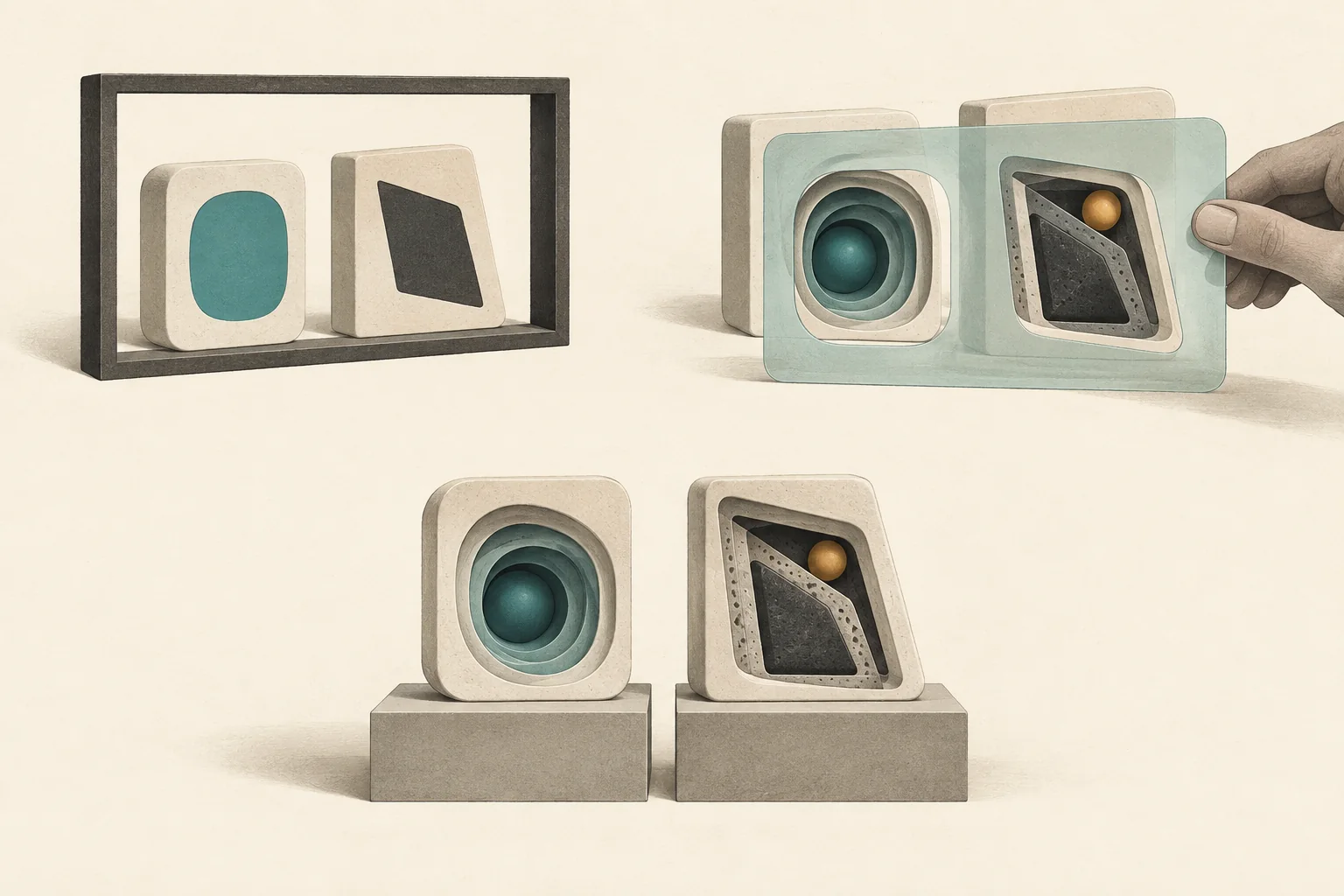 Two open viewing frames and a creator-held translucent panel align over paired tiles, illustrating public observations and shared analytics compared on equal terms.