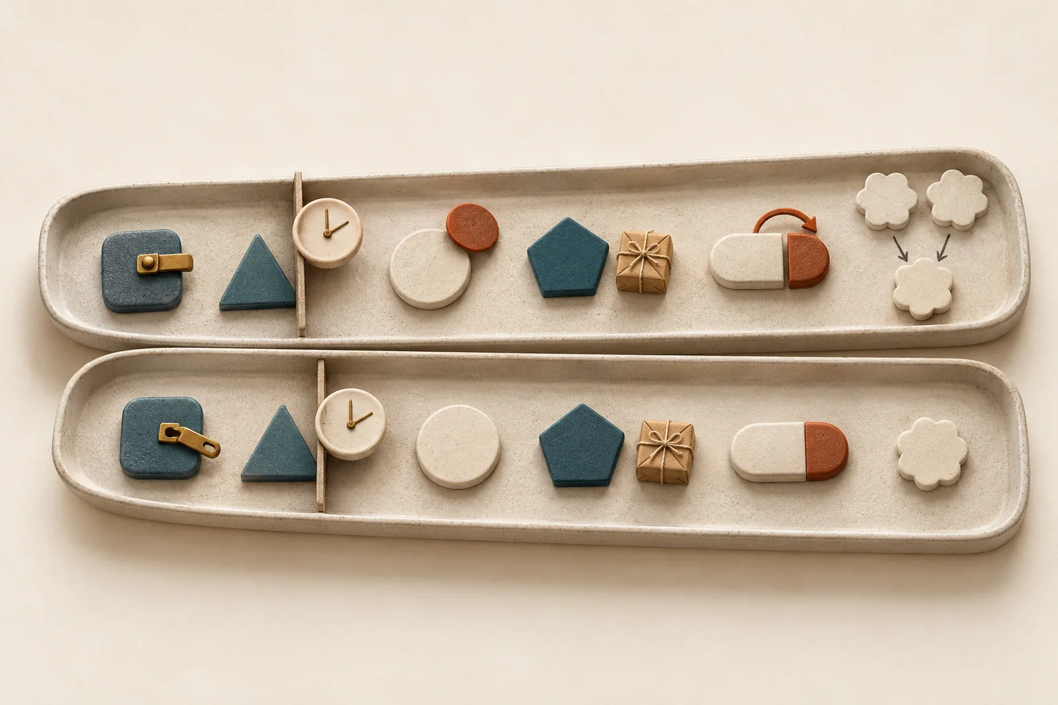 Six pairs of order tokens being sorted into matching sets, with a clock, parcel, tax disc and return arrow marking differences.