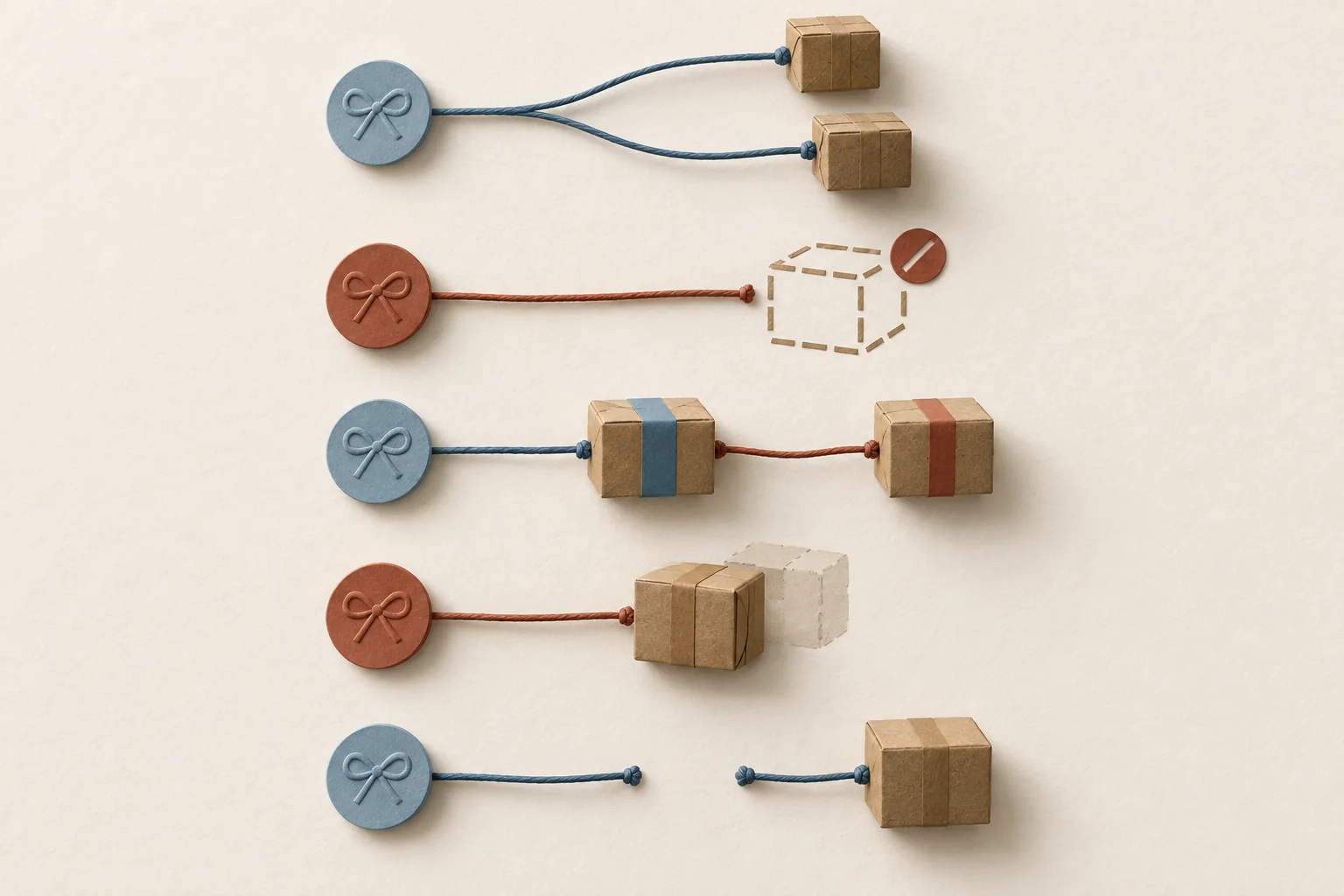 Five gift tokens linked to parcel groups, showing split packages, a cancellation, a replacement, a duplicate and a missing connection.